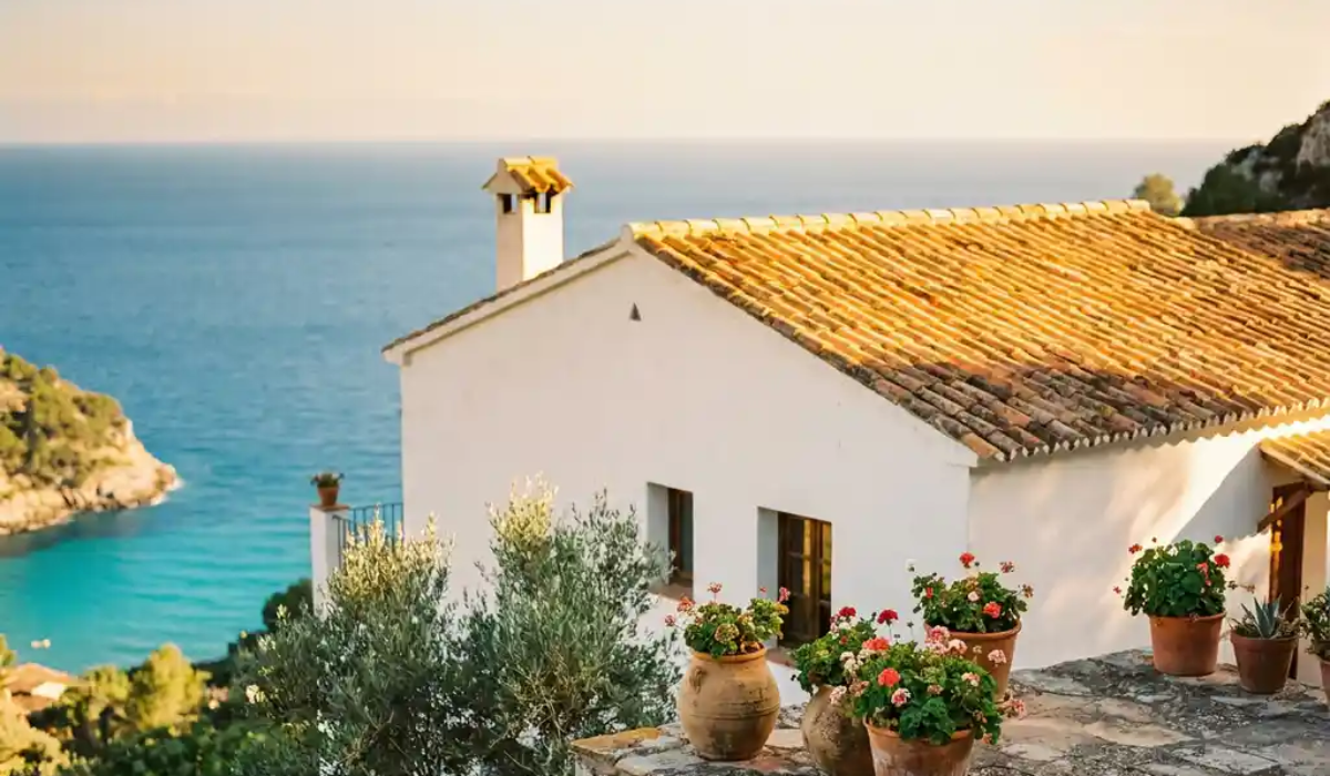 Witte Spaanse villa op Mediterrane heuvel met terracotta daken, stenen terras met bloempotten en turquoise zee op de achtergrond.
