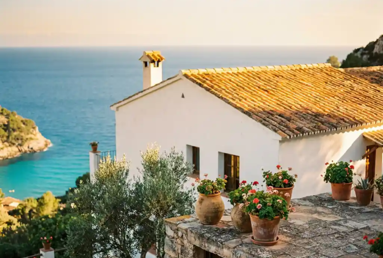 Witte Spaanse villa op Mediterrane heuvel met terracotta daken, stenen terras met bloempotten en turquoise zee op de achtergrond.