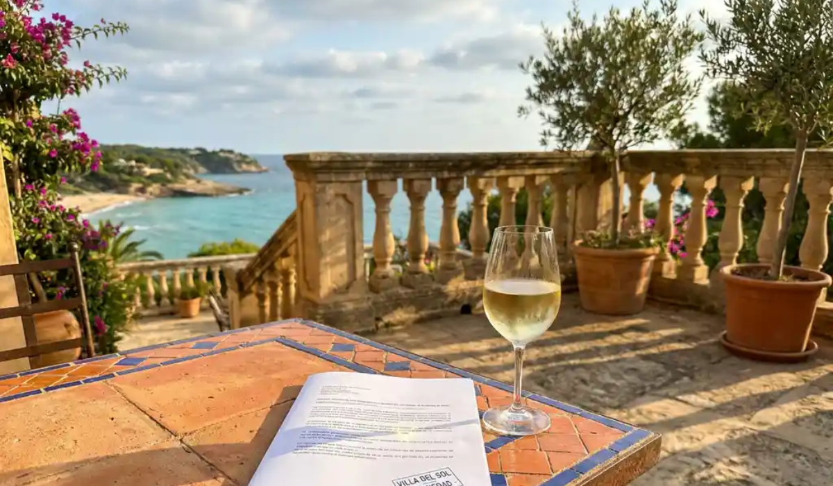 Terras van Spaanse villa met uitzicht op de Middellandse Zee, glas witte wijn en vastgoeddocument op terracotta tafel.