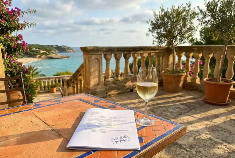 Terras van Spaanse villa met uitzicht op de Middellandse Zee, glas witte wijn en vastgoeddocument op terracotta tafel.
